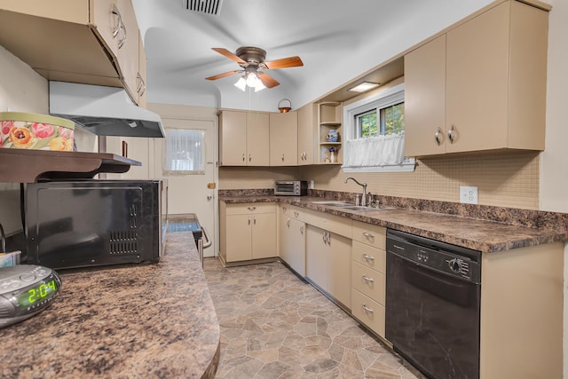 kitchen with ceiling fan, sink, black appliances, and cream cabinetry