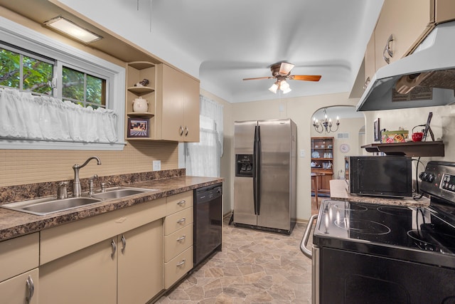 kitchen with sink, tasteful backsplash, cream cabinetry, black appliances, and ceiling fan with notable chandelier