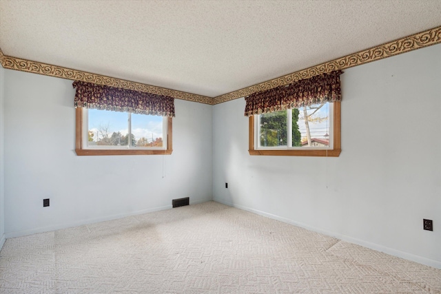 unfurnished room with carpet, a healthy amount of sunlight, and a textured ceiling