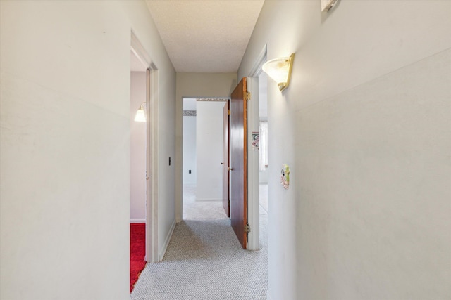 hall featuring carpet flooring and a textured ceiling