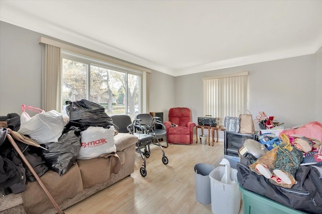 interior space featuring crown molding and light hardwood / wood-style flooring