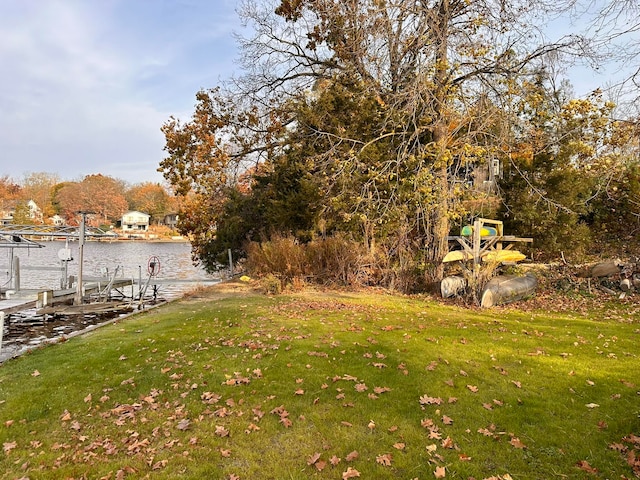 view of yard with a water view and a dock