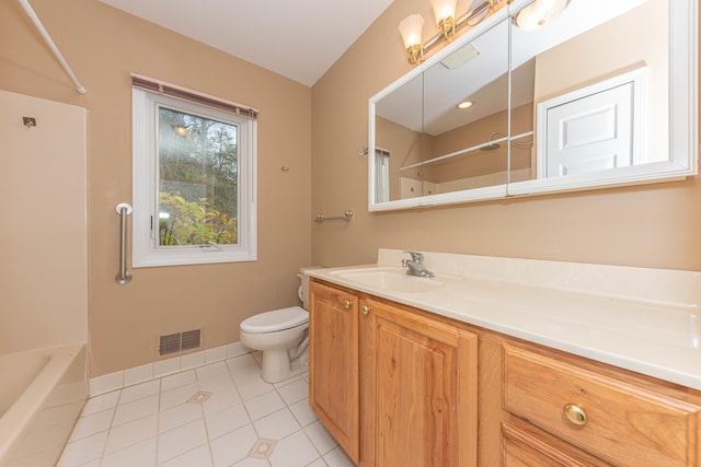 full bathroom featuring tile patterned flooring, vanity, shower / bath combination, and toilet