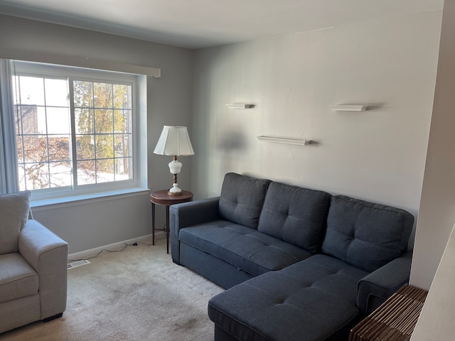 living room featuring light carpet