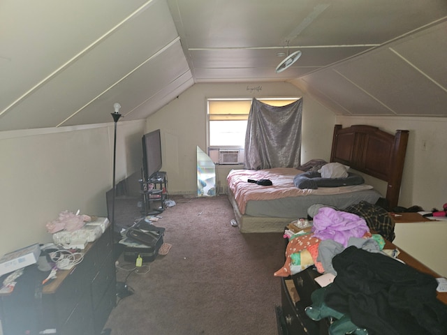 carpeted bedroom featuring cooling unit and vaulted ceiling