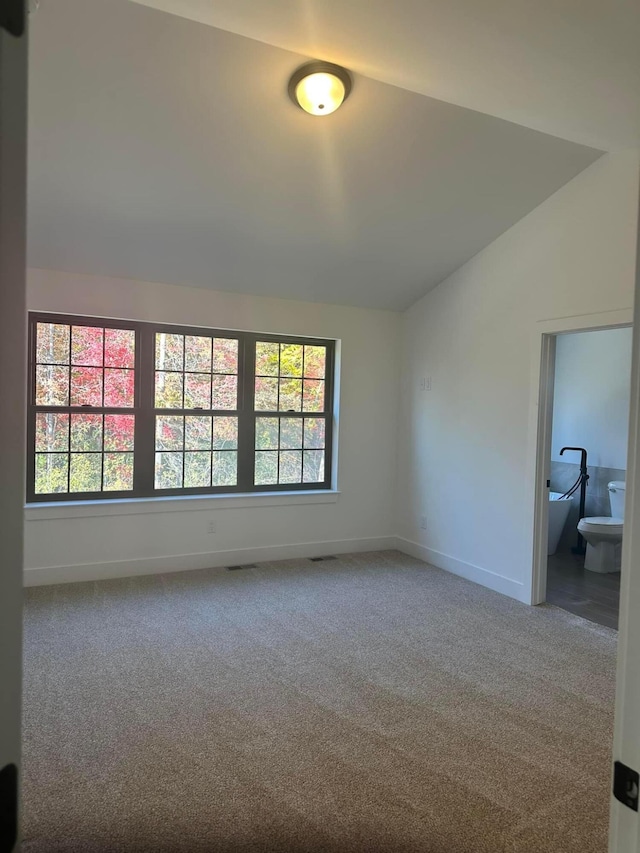 carpeted empty room with lofted ceiling