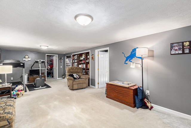 interior space featuring a textured ceiling and light colored carpet