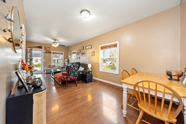 dining space featuring hardwood / wood-style flooring and ceiling fan