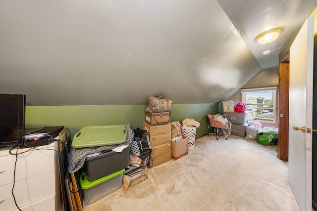 additional living space with light colored carpet and vaulted ceiling