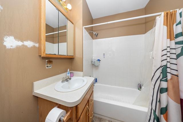 bathroom with vanity and shower / bath combination with curtain