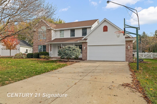 front facade with a garage and a front lawn