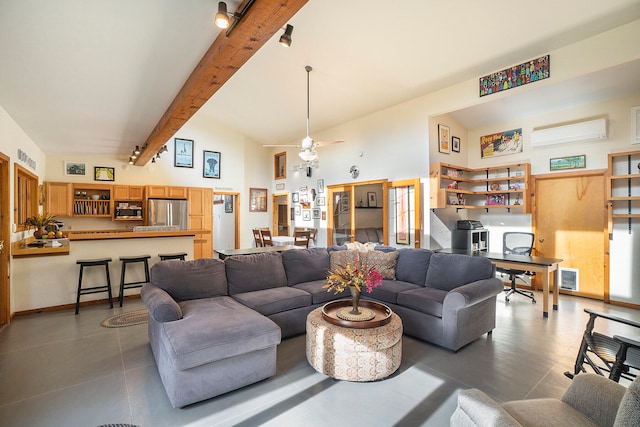 living room featuring an AC wall unit, ceiling fan, high vaulted ceiling, and beam ceiling