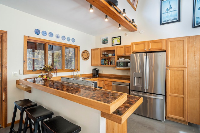 kitchen featuring a breakfast bar area, kitchen peninsula, and stainless steel appliances