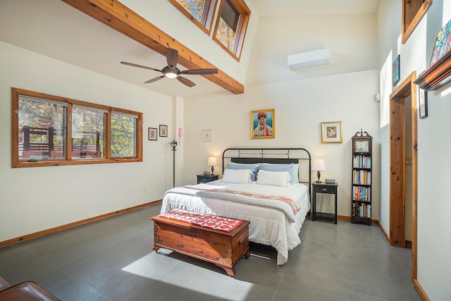 bedroom with beamed ceiling, a wall mounted AC, high vaulted ceiling, and ceiling fan