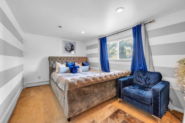 carpeted bedroom with a baseboard radiator