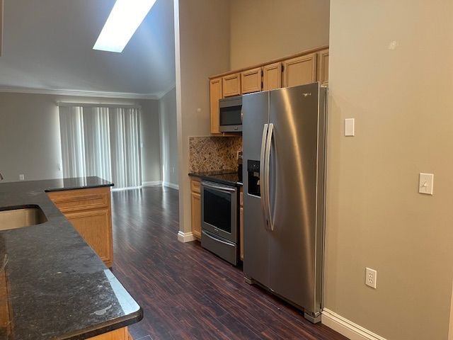 kitchen with light brown cabinets, dark wood-type flooring, a skylight, ornamental molding, and appliances with stainless steel finishes