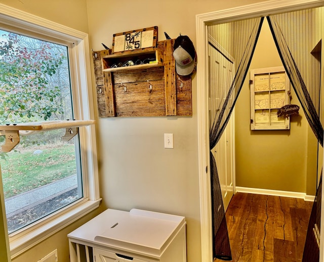 clothes washing area with dark hardwood / wood-style floors and a wealth of natural light