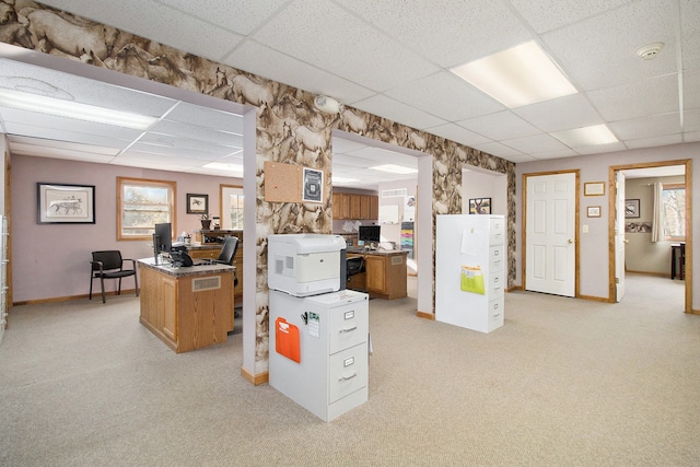 carpeted office featuring a drop ceiling