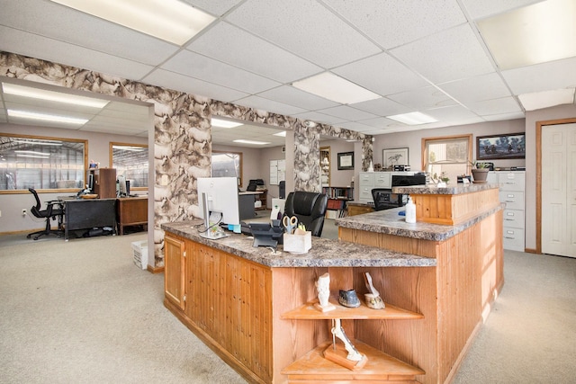 kitchen featuring light carpet, a center island, and a drop ceiling