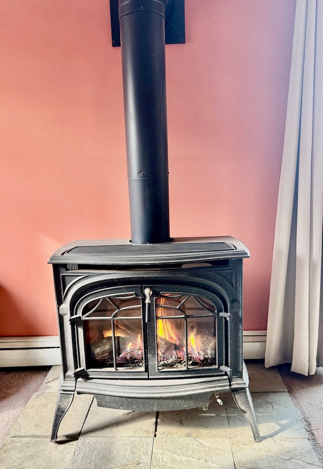 room details with a wood stove