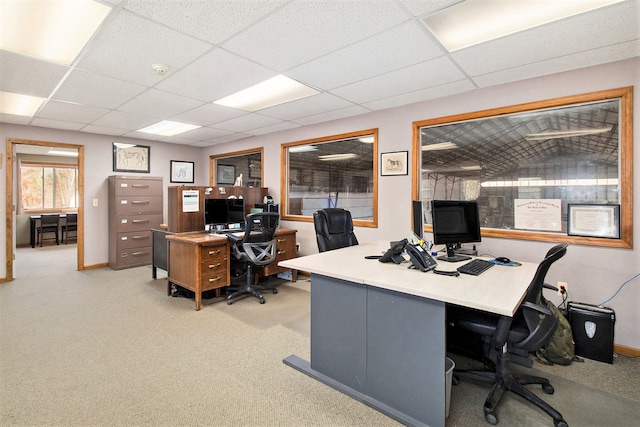 carpeted home office featuring a drop ceiling