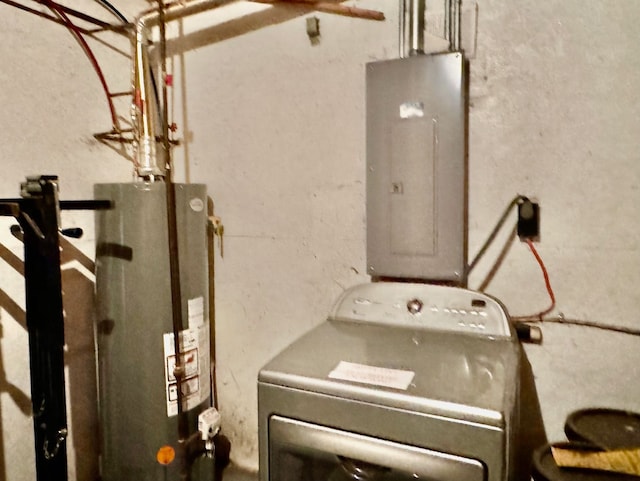 laundry room featuring electric panel, washer / clothes dryer, and water heater