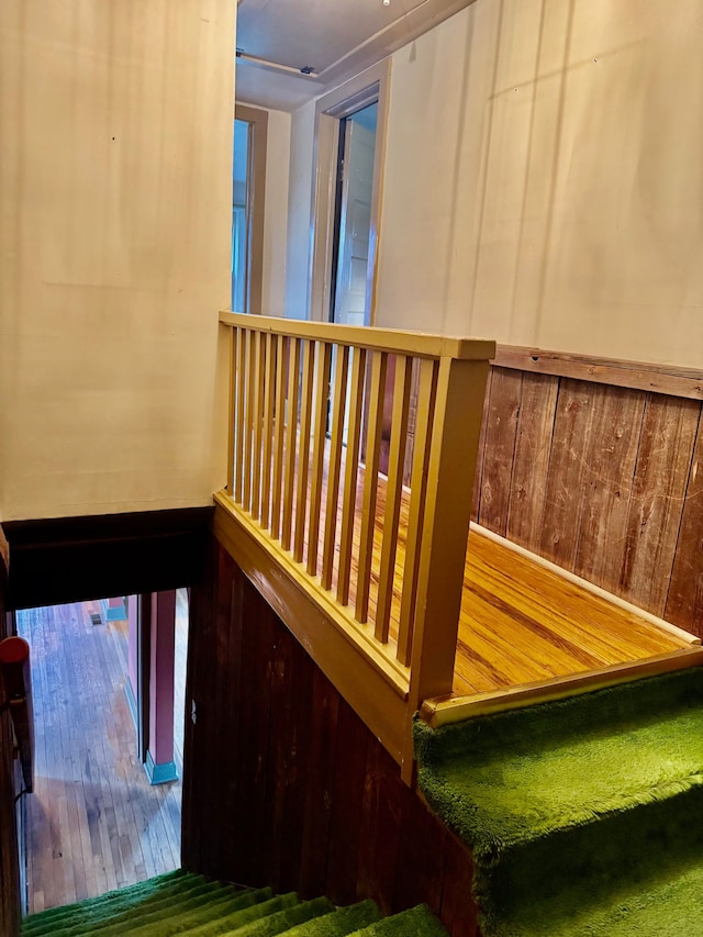 staircase with wood walls and wood-type flooring