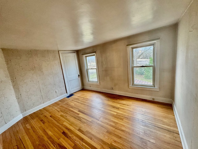 unfurnished room with light hardwood / wood-style floors, vaulted ceiling, and a wealth of natural light