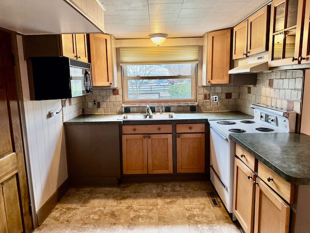 kitchen with decorative backsplash, white electric range, and sink