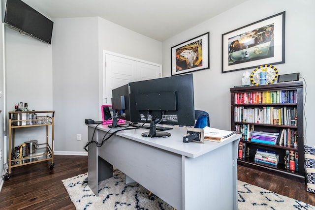 home office featuring dark wood-type flooring