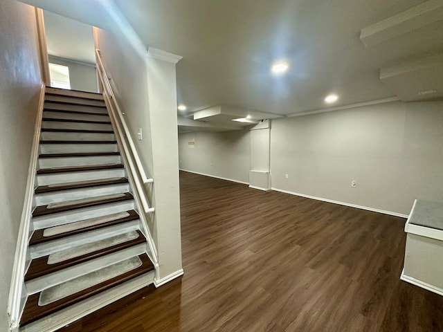 basement featuring dark hardwood / wood-style flooring and crown molding