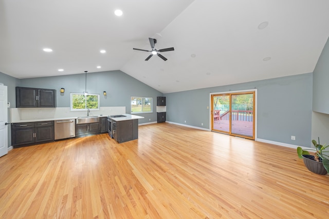 kitchen with decorative light fixtures, light hardwood / wood-style floors, stainless steel dishwasher, and a wealth of natural light