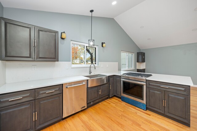 5731 Farmington Rd, West Bloomfield, MI 48322 - kitchen with appliances with stainless steel finishes, a sink, light wood finished floors, lofted ceiling, and light countertops