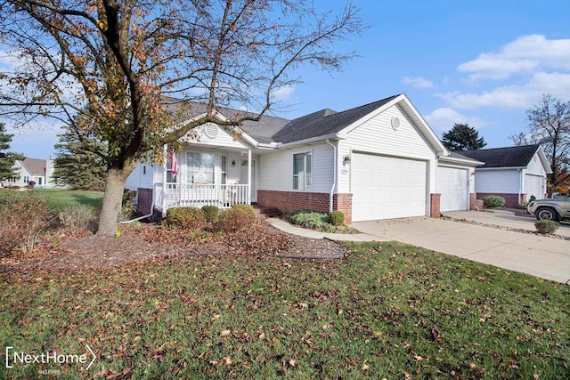 single story home with cooling unit, a porch, a garage, and a front lawn