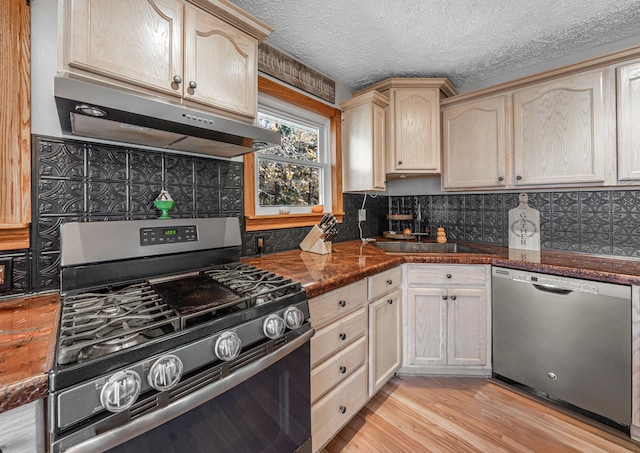 kitchen featuring tasteful backsplash, light brown cabinets, light wood-type flooring, and appliances with stainless steel finishes