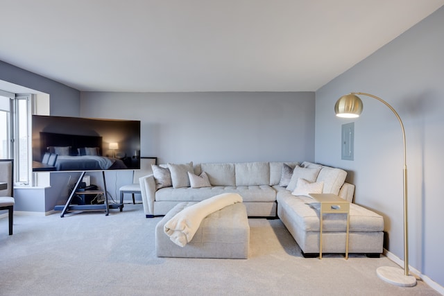 carpeted living room with electric panel