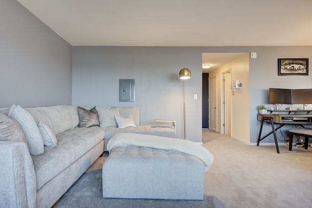 living room featuring carpet flooring and electric panel