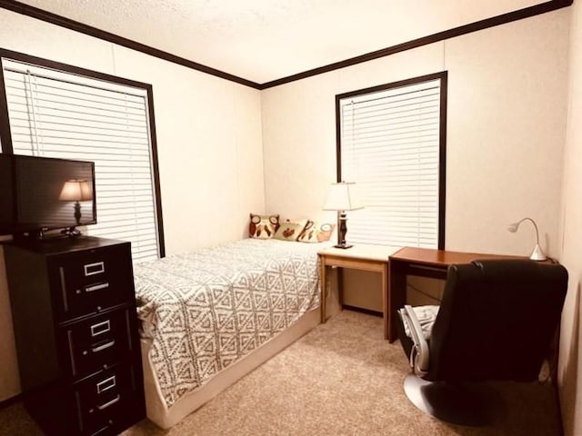 carpeted bedroom featuring a textured ceiling and ornamental molding