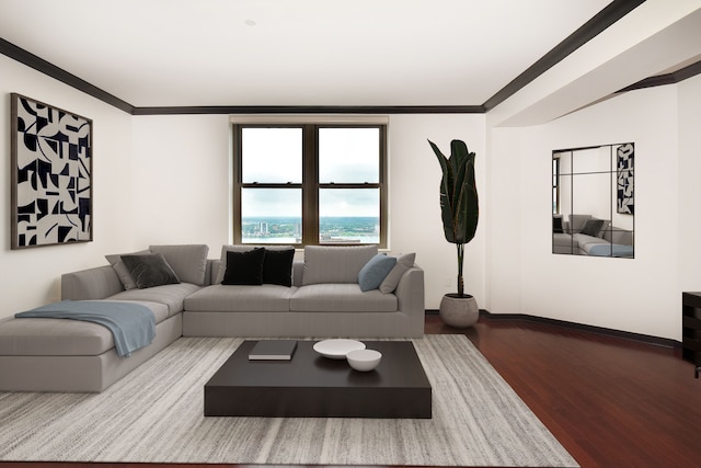 living room with light hardwood / wood-style flooring and ornamental molding