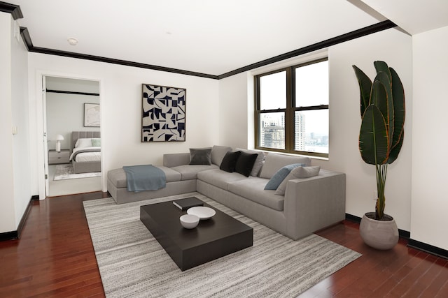 living room featuring dark hardwood / wood-style flooring and crown molding