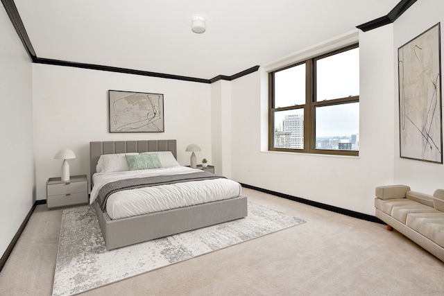 carpeted bedroom with crown molding