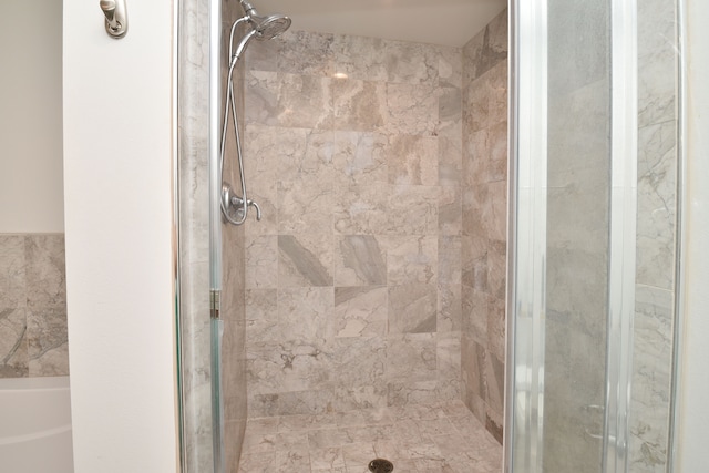 bathroom featuring a shower with door