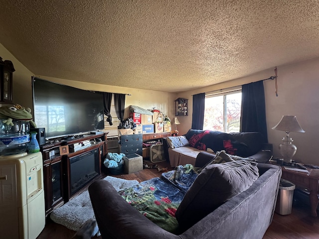 living room with a textured ceiling and dark hardwood / wood-style flooring