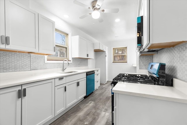 kitchen featuring stainless steel dishwasher, dark hardwood / wood-style floors, white cabinetry, and sink