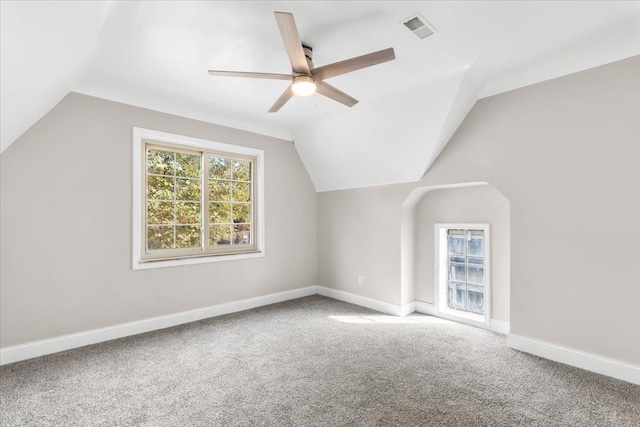 bonus room featuring carpet, ceiling fan, and lofted ceiling