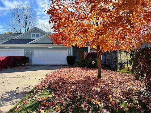 view of property hidden behind natural elements featuring a garage