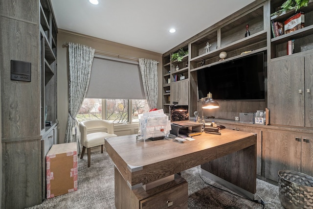 carpeted home office with built in features