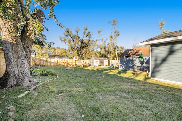 view of yard featuring a storage shed