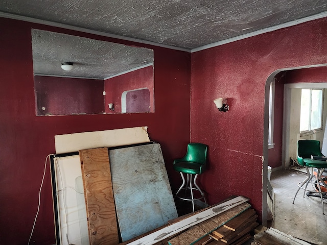 interior space with crown molding and a textured ceiling