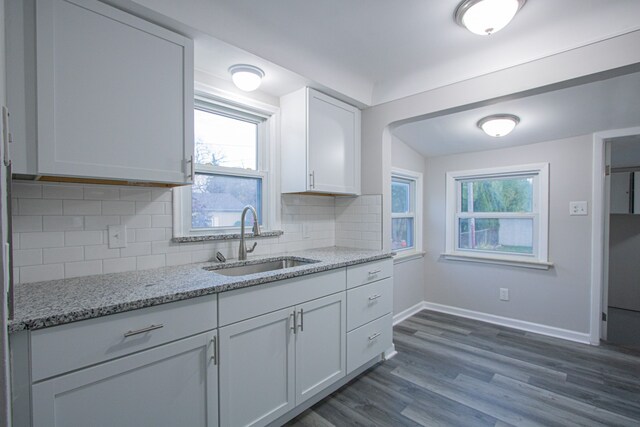 kitchen featuring dark hardwood / wood-style flooring, white cabinetry, sink, and a healthy amount of sunlight